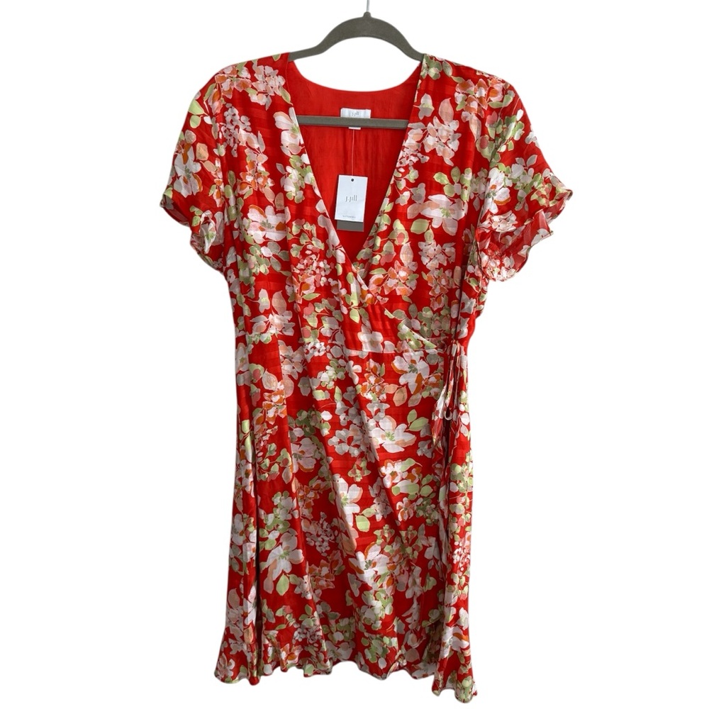 NWT J. Jill Wrap Dress Papaya Floral Ruffle Lined Size Medium Petite
